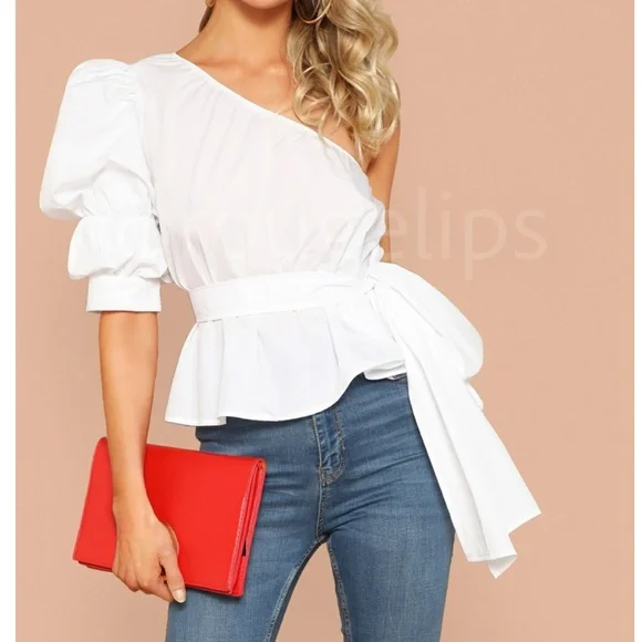 Cotton Blend White One Shoulder Top Tie Belt Puff Short Sleeve Peplum Style - Picture 1 of 7